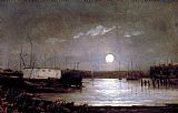 moon over a harbor, wharf scene with full moon and masts of boats by Edward Mitchell Bannister